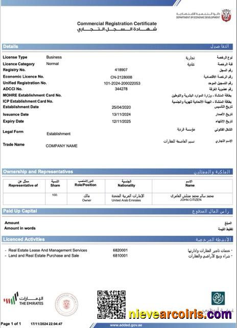 UAE Abu Dhabi commercial registration certificate
